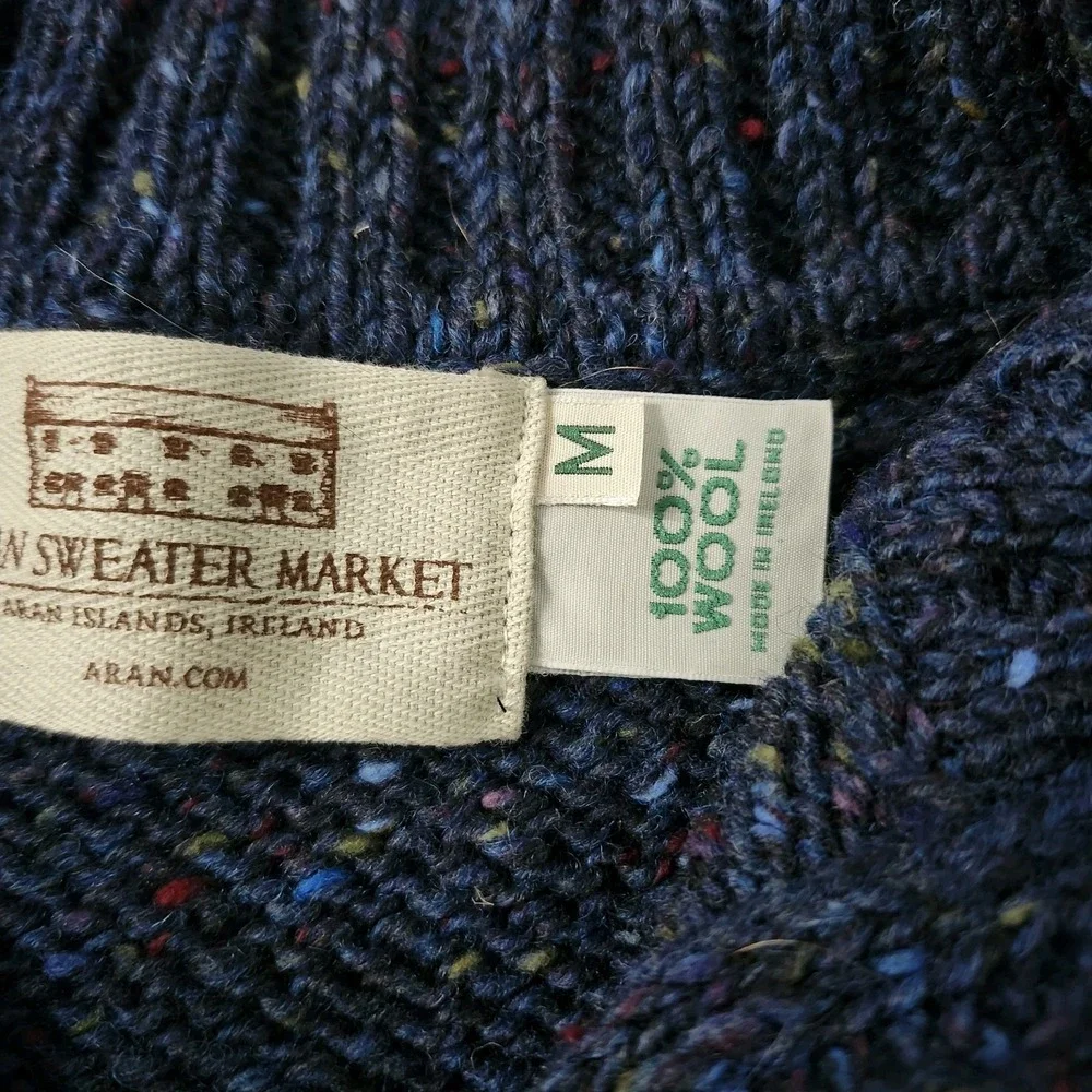 Isles Of Aran Mens Donegal Tweed Half Zip Sweater Fleck Blue 100% Wool Sz Medium